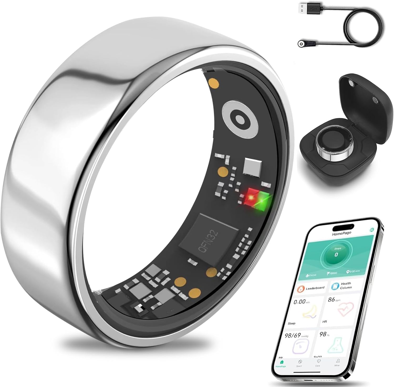 Smart Ring for Women Men with a Black Charging Box,Bluetooth Connection,Health Ring,IP68 Waterproof, Fitness Ring Tracks Heart Rate/Sleep/Steps/Sports Activities/Blood Oxygen(Silver 9)