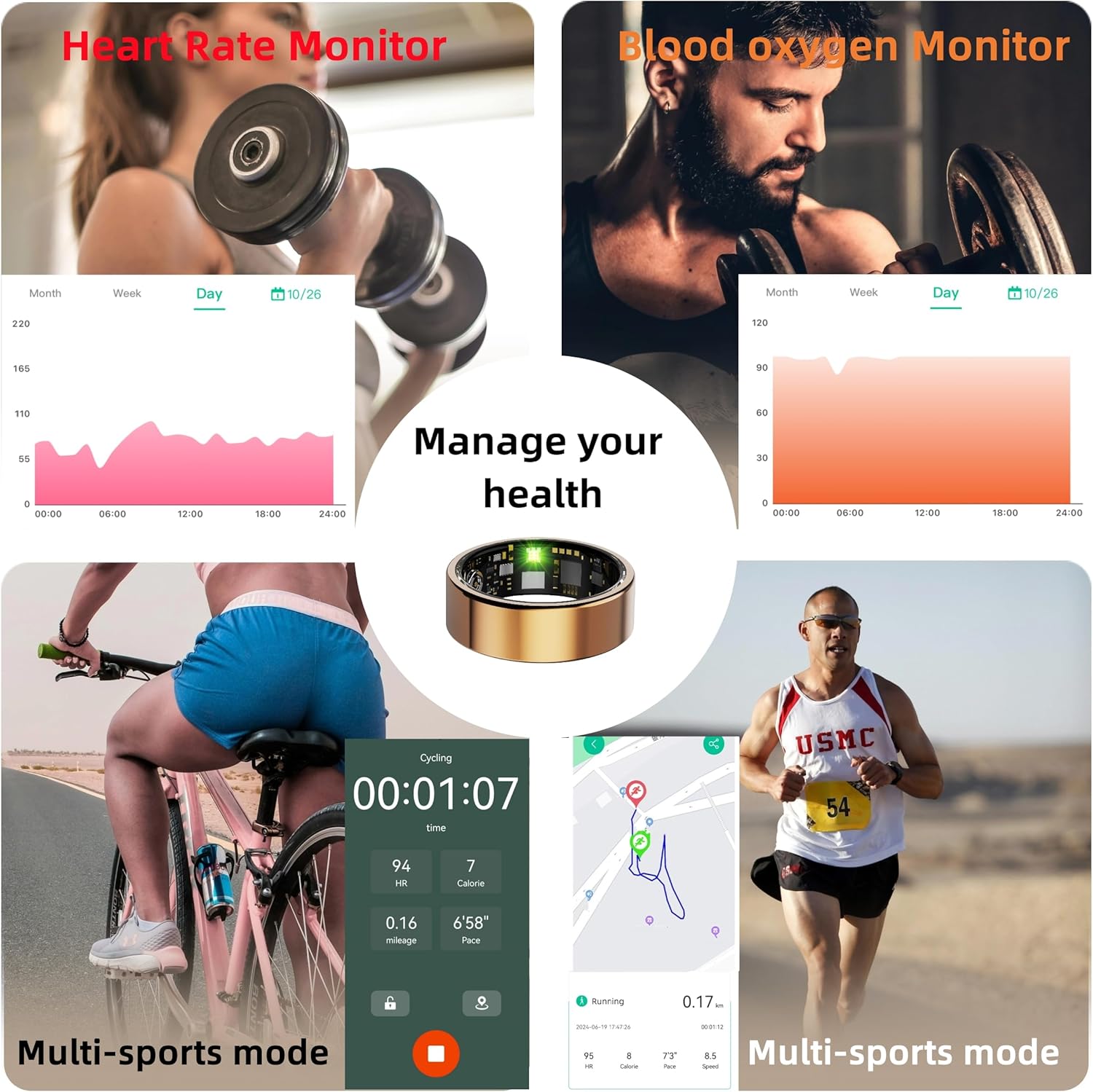 Smart Ring for Women Men, Health Fitness Tracker Rings, IP68 Waterproof, Long Lasting Batteries Sleep Ring with Charging Case and Protector, Remote Photography, No App Fees (Silver, 8#)