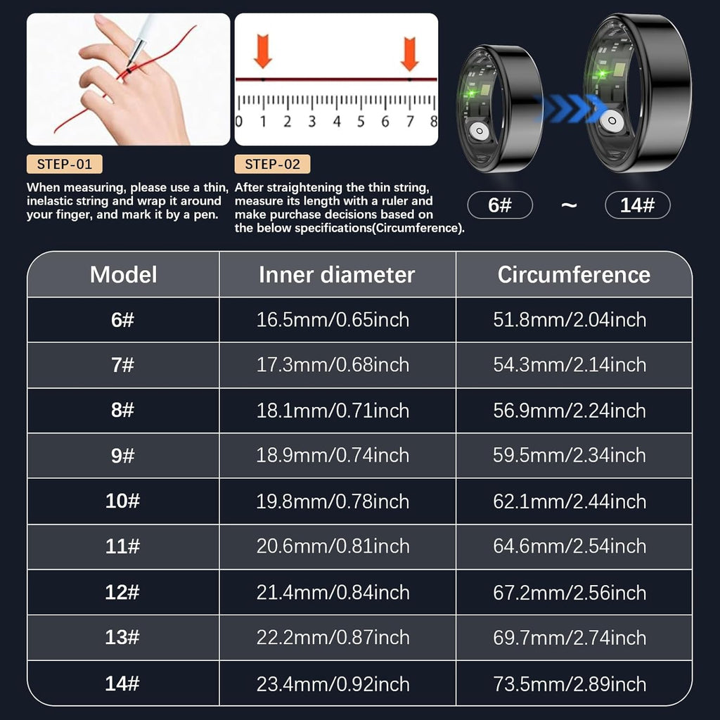 Health Tracker Ring, Smart Health Ring for Women Men with Heart Rate, Blood Oxygen, Sleep Monitor, Steps,Calories, No Subscription Fee, IP68 Waterproof Smart Ring for iPhone & Android (Black, 13#)