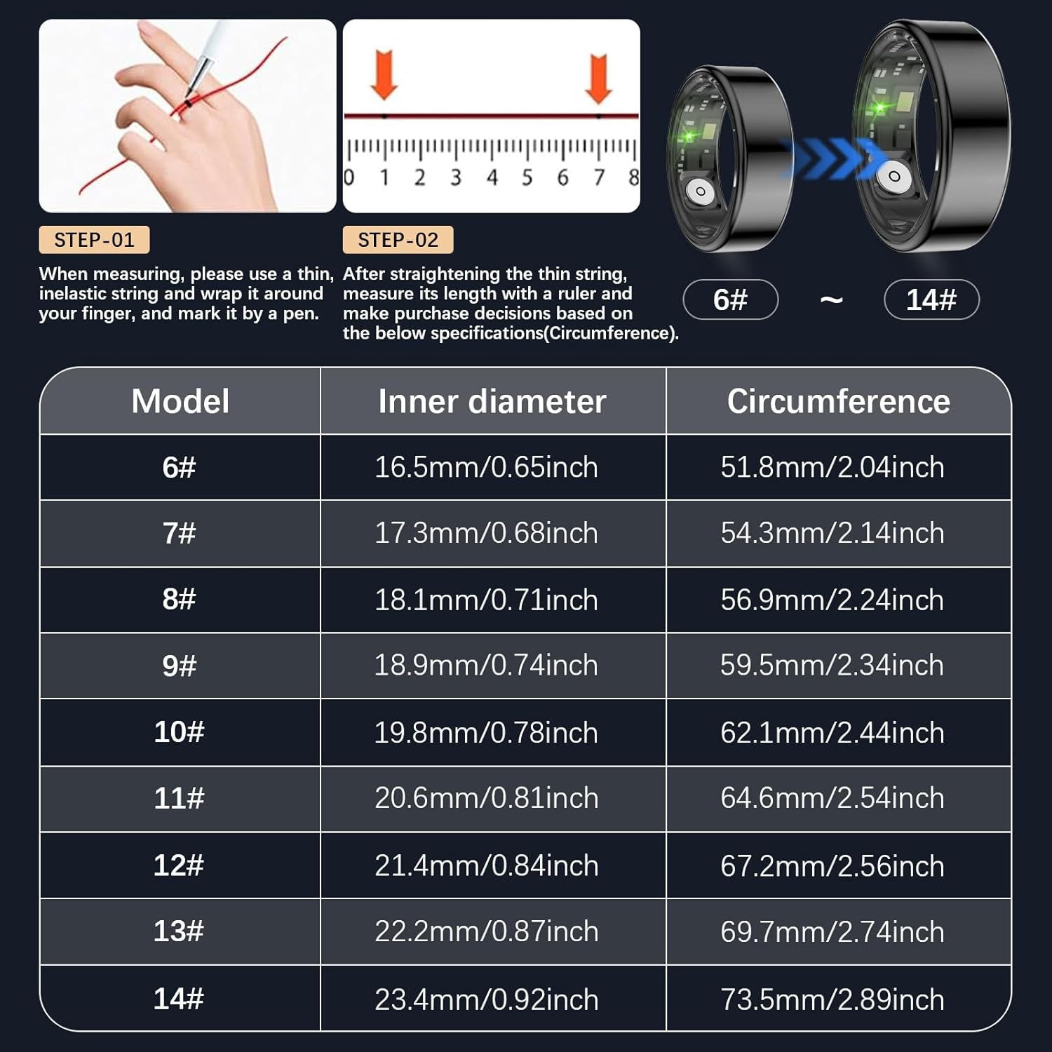 Health Tracker Ring, Smart Health Ring for Women Men with Heart Rate, Blood Oxygen, Sleep Monitor, Steps,Calories, No Subscription Fee, IP68 Waterproof Smart Ring for iPhone & Android (Black, 13#)