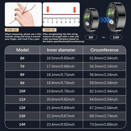 Health Tracker Ring, Smart Health Ring for Women Men with Heart Rate, Blood Oxygen, Sleep Monitor, Steps,Calories, No Subscription Fee, IP68 Waterproof Smart Ring for iPhone & Android (Black, 13#)