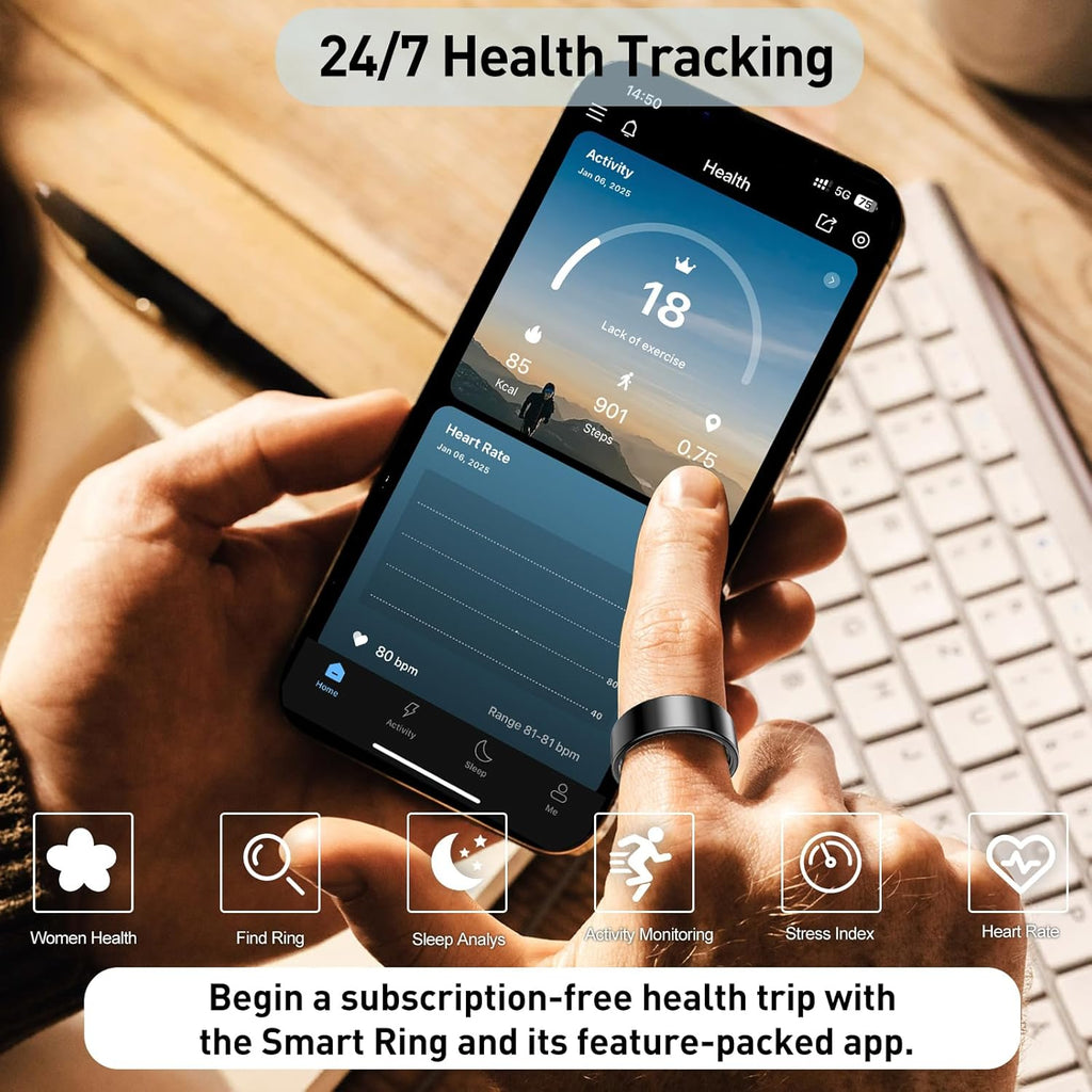 Smart Health Ring for Women Men Fitness Tracker with Heart Rate, Blood Oxygen,Sleep Monitoring, Step Counting, IP68 Waterproof for iPhone and Android, No Subscription Fee (Silver, 7)