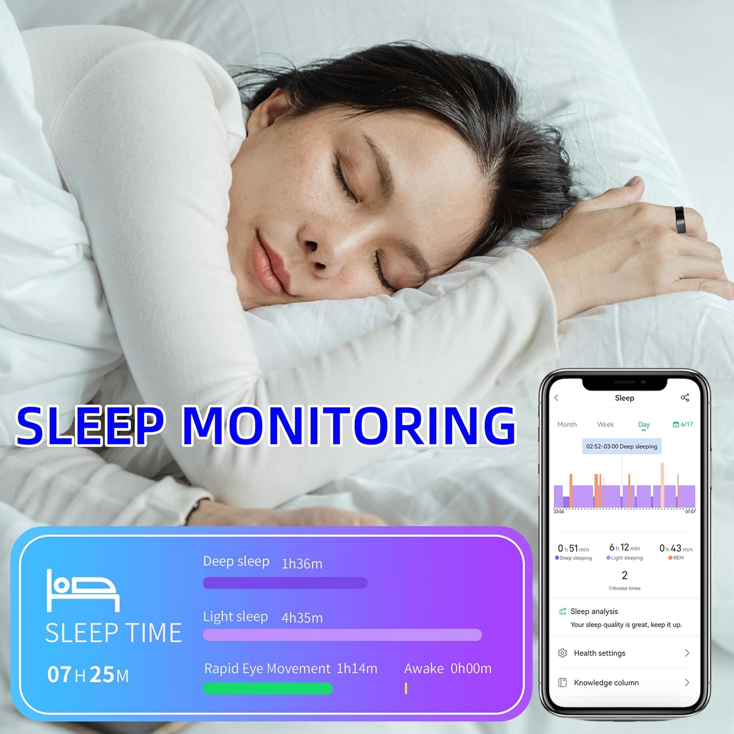 Smart Ring for Women Men, Health Fitness Tracker Rings, IP68 Waterproof, Long Lasting Batteries Sleep Ring with Charging Case and Protector, Remote Photography, No App Fees (Silver, 8#)