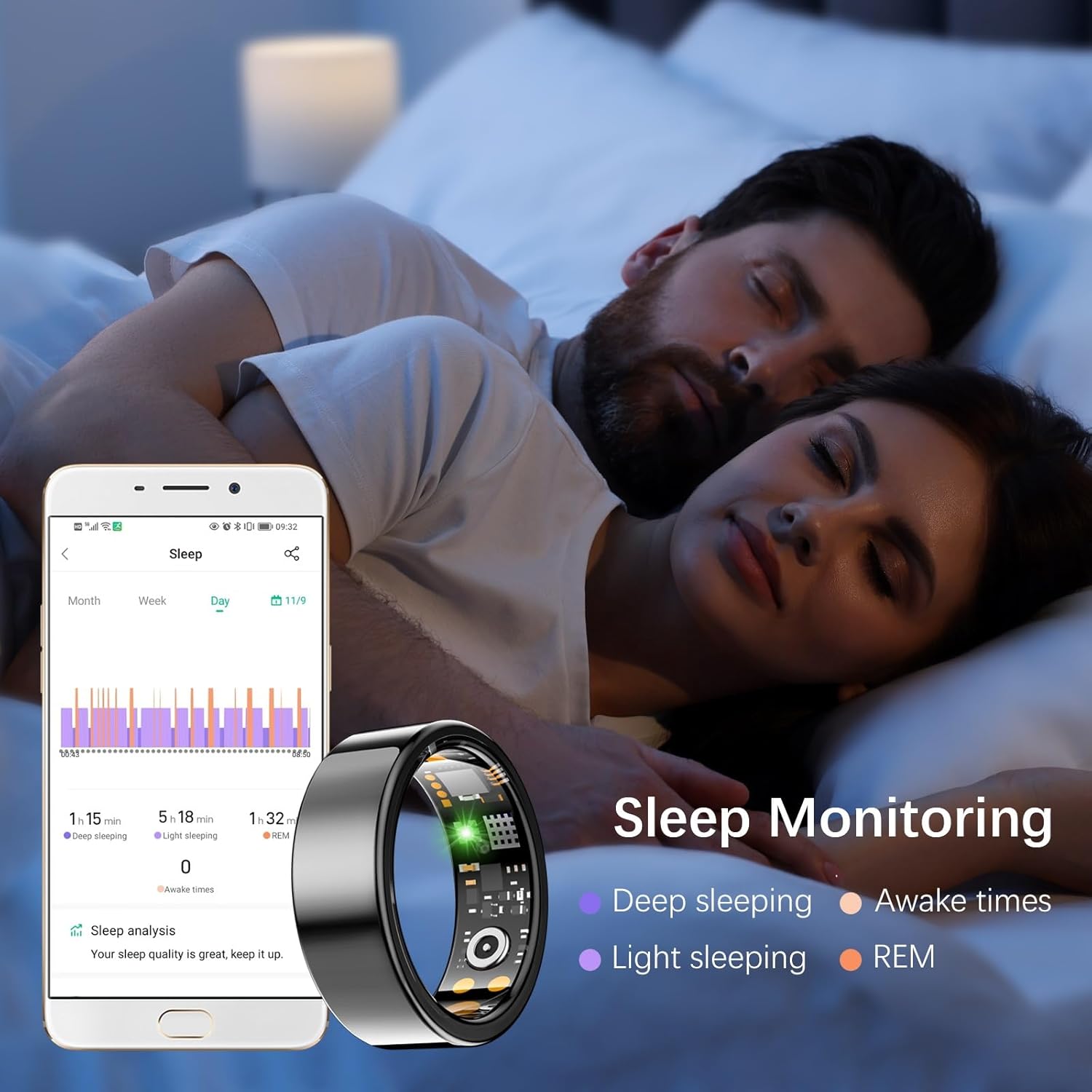 Health Tracker Ring, Smart Health Ring for Women Men with Heart Rate, Blood Oxygen, Sleep Monitor, Steps,Calories, No Subscription Fee, IP68 Waterproof Smart Ring for iPhone & Android (Black, 13#)