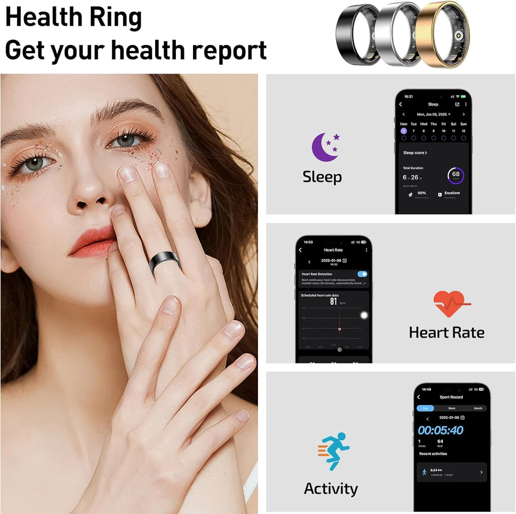 Smart Health Ring for Women Men Fitness Tracker with Heart Rate, Blood Oxygen,Sleep Monitoring, Step Counting, IP68 Waterproof for iPhone and Android, No Subscription Fee (Silver, 7)