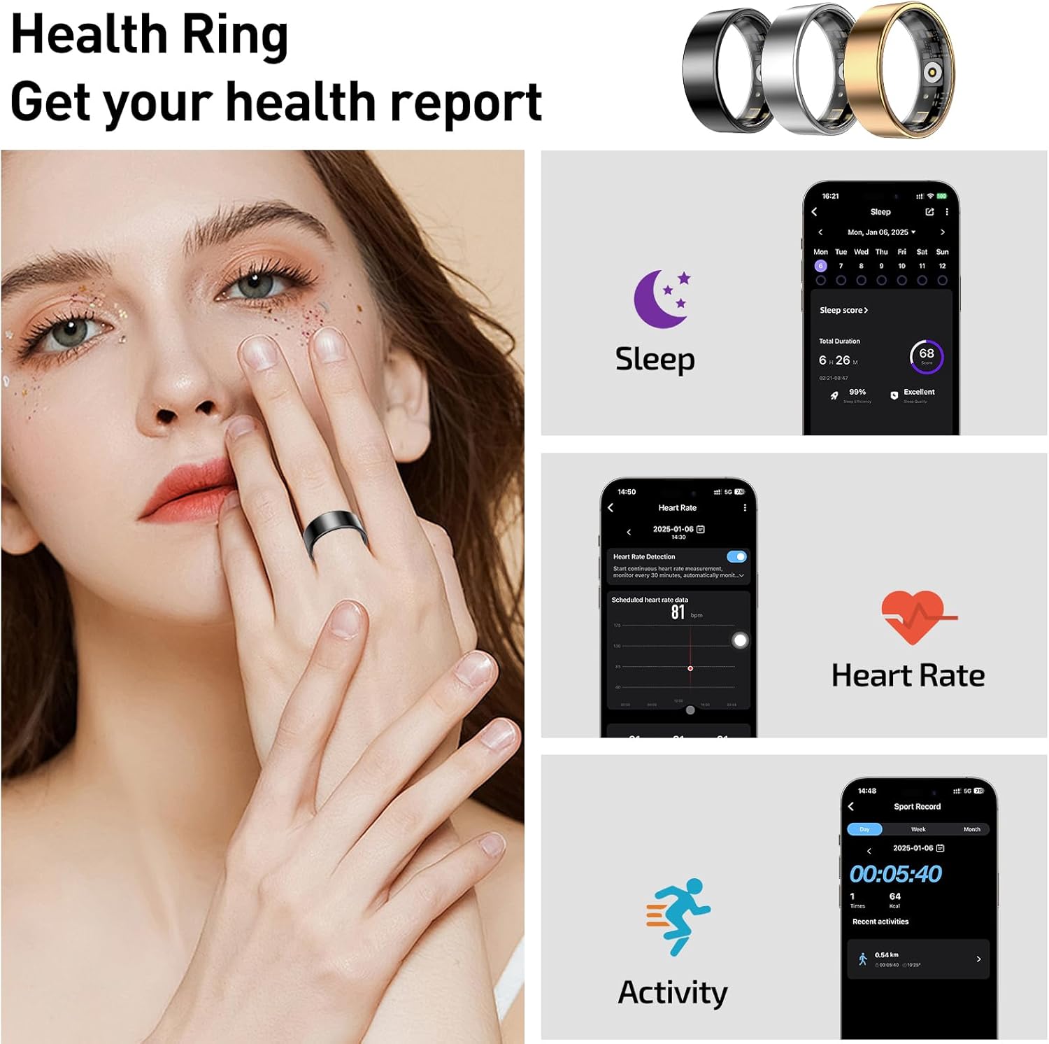 Smart Health Ring for Women Men Fitness Tracker with Heart Rate, Blood Oxygen,Sleep Monitoring, Step Counting, IP68 Waterproof for iPhone and Android, No Subscription Fee (Silver, 7)