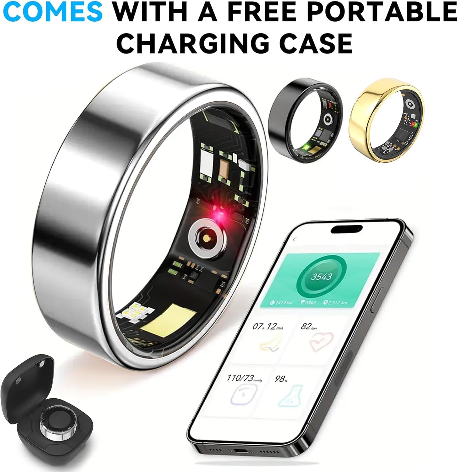 Smart Ring for Women Men with a Black Charging Box,Bluetooth Connection,Health Ring,IP68 Waterproof, Fitness Ring Tracks Heart Rate/Sleep/Steps/Sports Activities/Blood Oxygen(Silver 9)